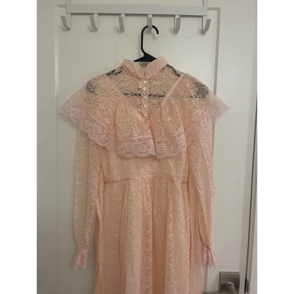 Vintage 70s Pink Lace Prairie Victorian Dress Floor Length Romantic